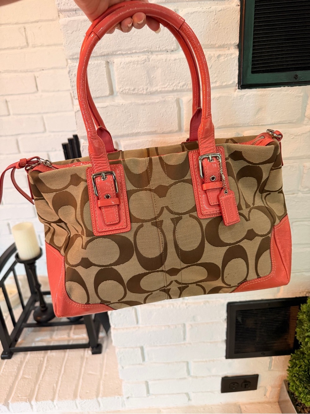 Vintage Coach Brown Signature Canvas Tote with Coral Leather Trim